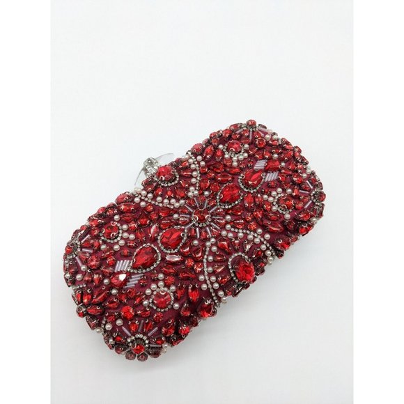 INC Ranndi beaded embellished crystal clutch minaudiere - RED/SILVER - Picture 7 of 14